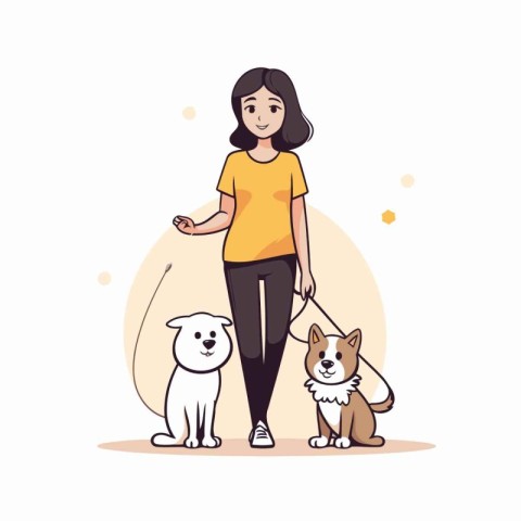 Woman walking with her dogs. Vector illustration in flat cartoon