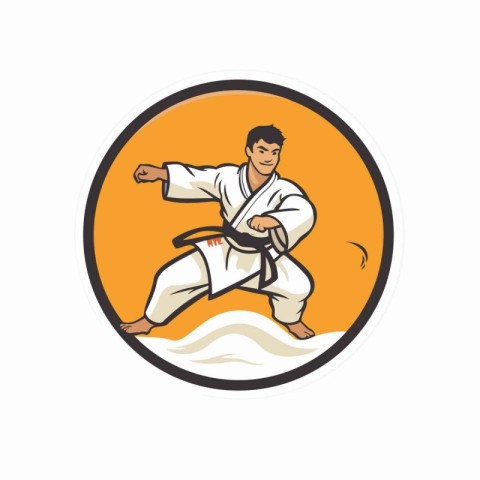 Illustration of a karate man practicing judo set inside circle o