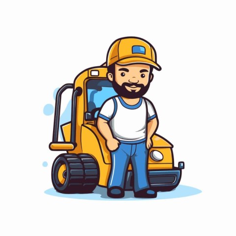 Cartoon construction worker in helmet and overalls standing near