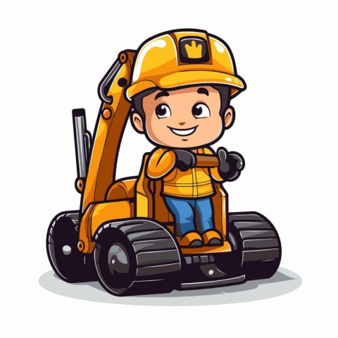 Cute little boy playing with a toy excavator. Vector illustratio