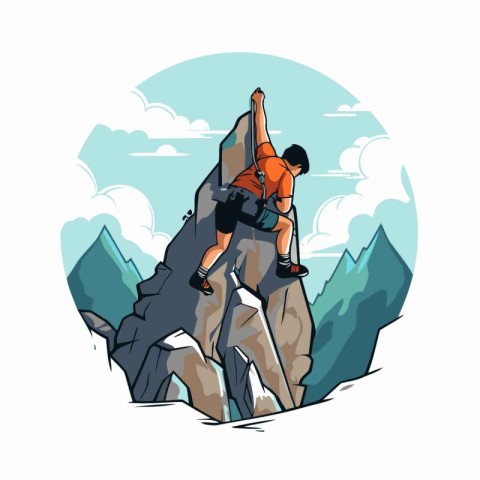 Climber on the rock. Vector illustration in cartoon style.