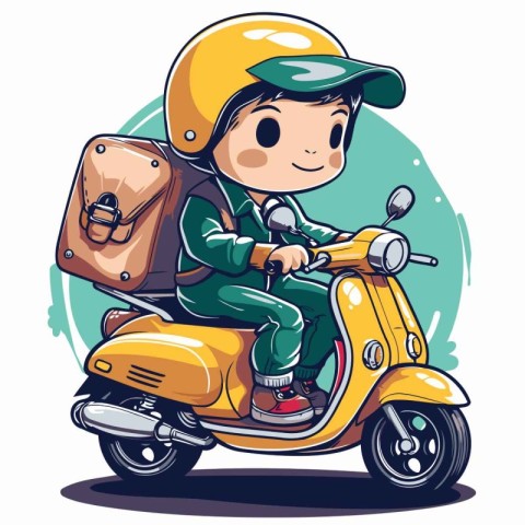 Cute boy riding a scooter. Vector illustration isolated on white