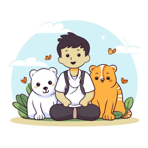 cute boy with dog and bear in the park vector illustration desig