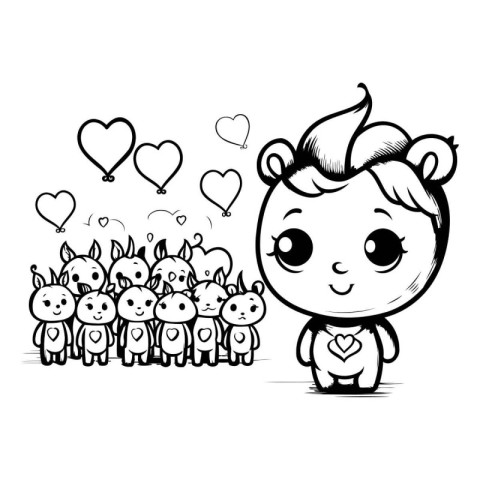 Black and white cartoon illustration of a cute little girl with