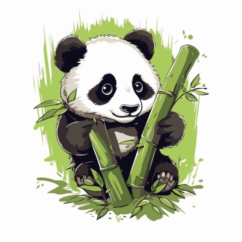 Vector illustration of cute panda bear with bamboo on white back