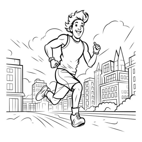 Running man on city street. Black and white vector illustration