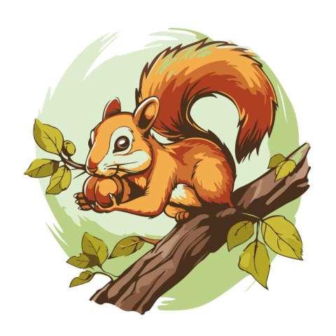 Squirrel with a nut on a tree branch. Vector illustration.