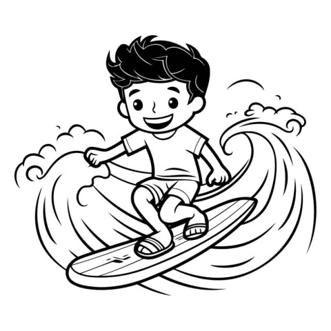 Boy riding a surfboard on a wave. black and white vector illustr