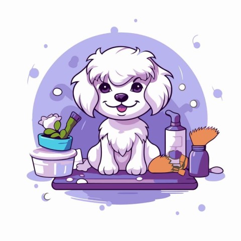 Cute cartoon dog sitting on the grooming table. Vector illustrat