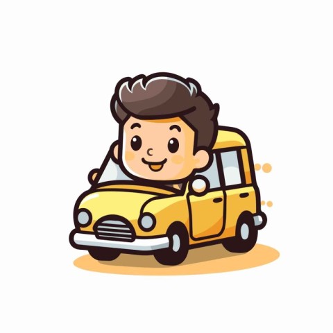 Cute boy driving a yellow car. Vector cartoon character illustra