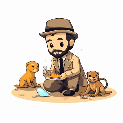 Cartoon detective with dog and cat. Vector illustration on white