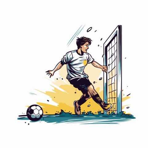 Soccer player kicking the ball in the goal. Vector illustration.