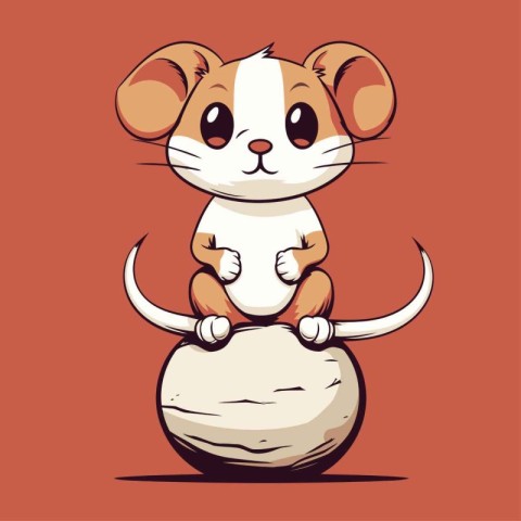 Cute cartoon mouse sitting on a big stone. Vector illustration.