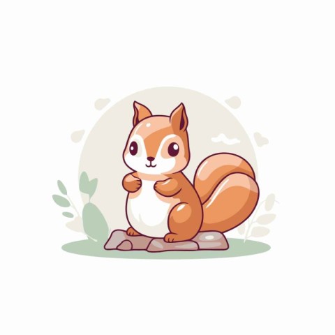 Cute squirrel sitting on a stone. Vector illustration in cartoon