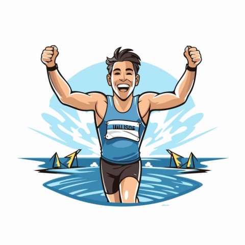 Vector illustration of a happy triathlete jumping into the water