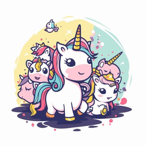 Cute cartoon unicorn with cute little unicorns. Vector illustrat