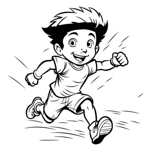 Black and White Cartoon Illustration of a Kid Running and Jumpin