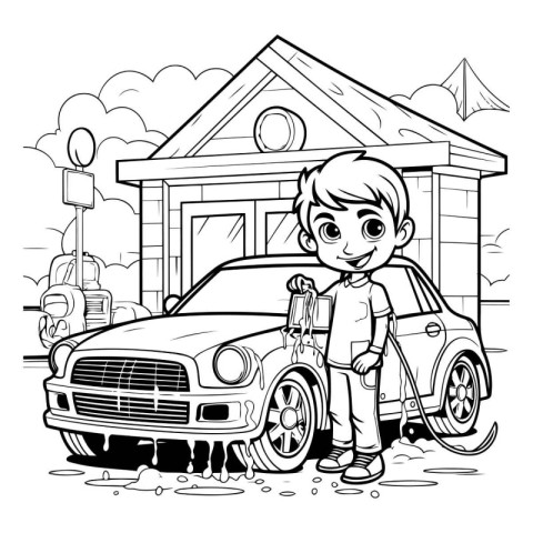 Boy with a car on the street. Black and white vector illustratio