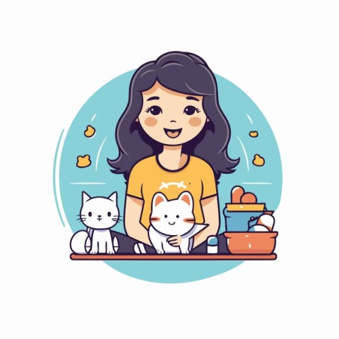 Vector illustration of a cute girl with cats in the kitchen. Fla