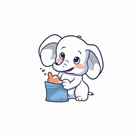 Cute cartoon elephant with a bag of food. Vector illustration.