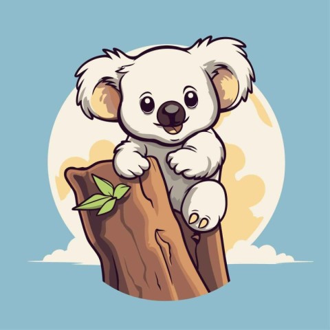 Cute koala sitting on a tree trunk. Vector illustration.