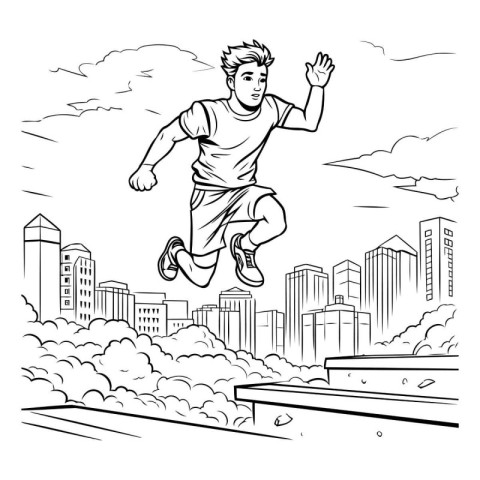 Vector illustration of a young man jumping in the city. Outline