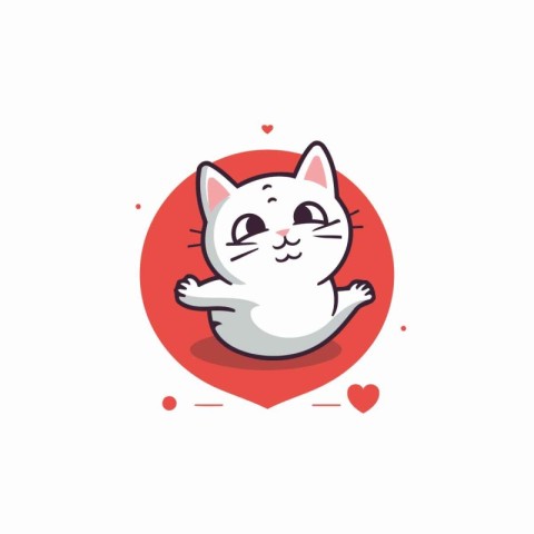 Cute white cat sitting on red heart. Vector flat illustration.