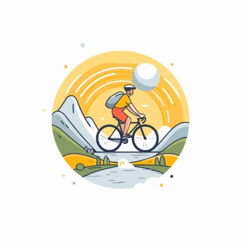 Cyclist riding bicycle in the mountains. Flat style vector illus