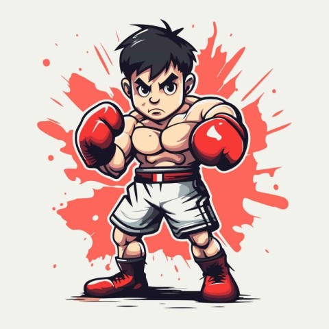 Cartoon boxer man with a red boxing gloves. Vector illustration.