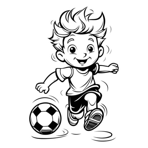 Soccer Boy Running with Ball - Black and White Cartoon Illustrat