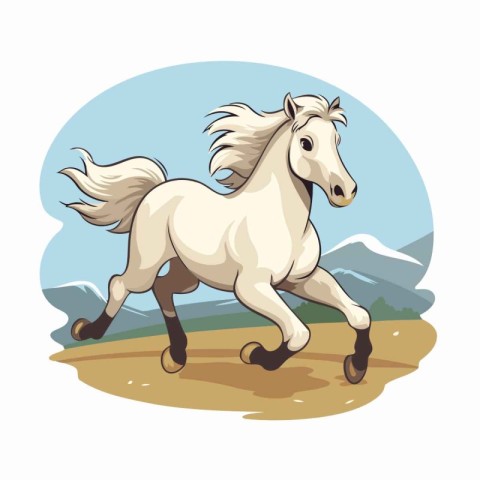 White horse running on the field. Vector illustration in cartoon