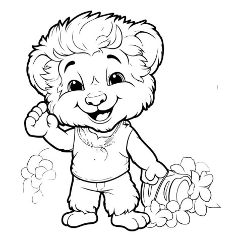 Cute cartoon lion with flower - black and white vector illustrat