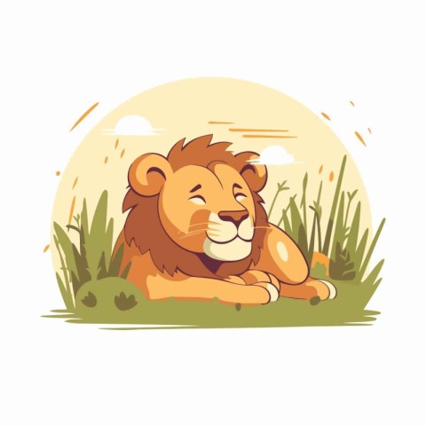 Lion lying in the grass. Cute cartoon vector illustration.