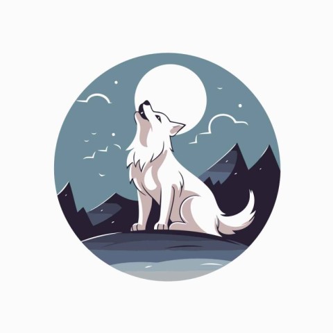 Vector illustration of a dog in a circle with mountains in the b