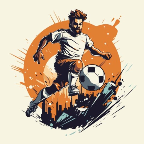 Soccer player with ball in action. Vector illustration in retro