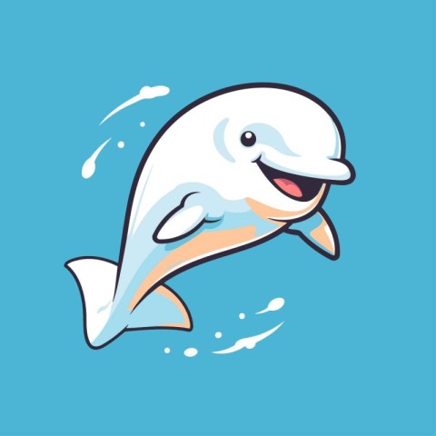 Vector illustration of a cute smiling dolphin. Isolated on blue