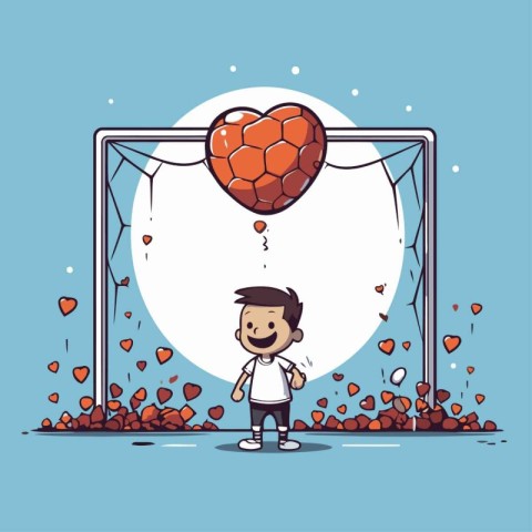 Cute boy playing football with heart shaped balloon. Cartoon vec