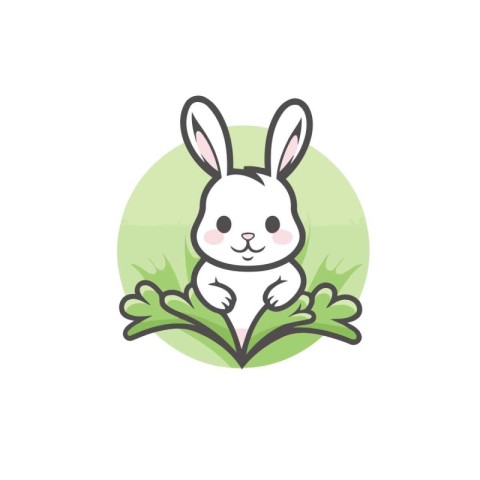 Cute bunny with green leaves. Vector illustration in cartoon sty