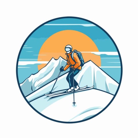 Vector illustration of skier with snowboard on top of mountain s