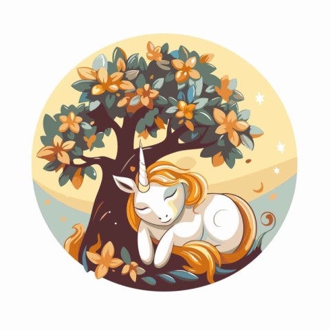 Unicorn sleeping on the tree. Vector illustration in cartoon sty