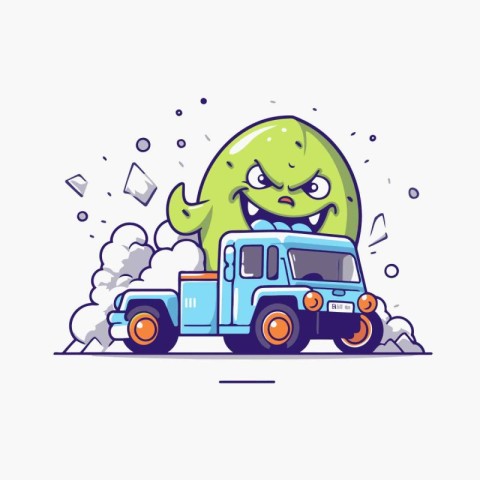 Cute cartoon monster driving a truck. Vector illustration in fla