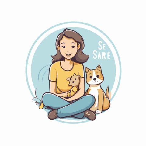 Vector illustration of a girl sitting with her cat in her arms.