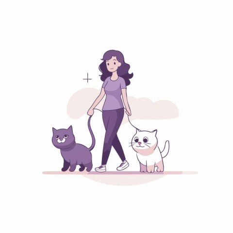 Young woman walking with her cats. Vector illustration in a flat