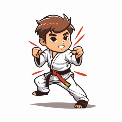 Taekwondo boy in kimono cartoon vector illustration.