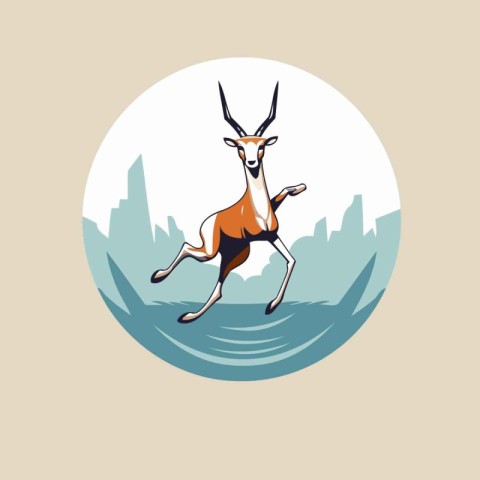 Deer jumping on the river. Vector illustration in cartoon style.