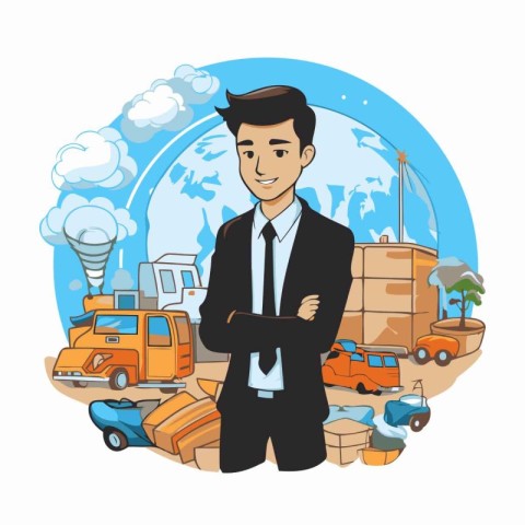 Businessman standing on the background of transport. Vector illu