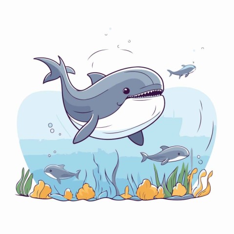 Vector illustration of a cute cartoon whale swimming in the sea.