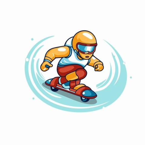 Cartoon skier in helmet riding on skateboard. Vector illustratio