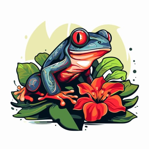 Frog and hibiscus flower. Cartoon vector illustration.