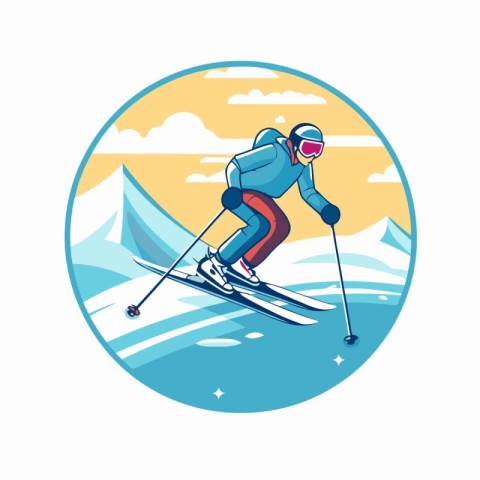 Skier skiing in the mountains round icon vector illustration gra